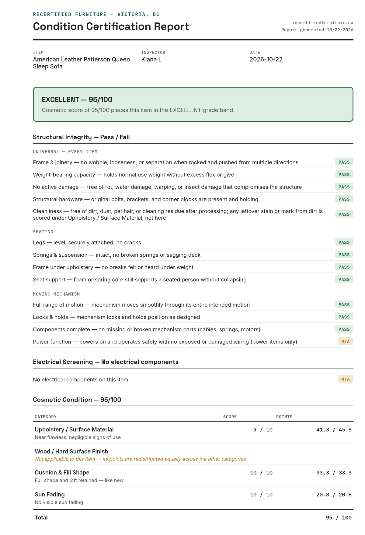 Condition certification report