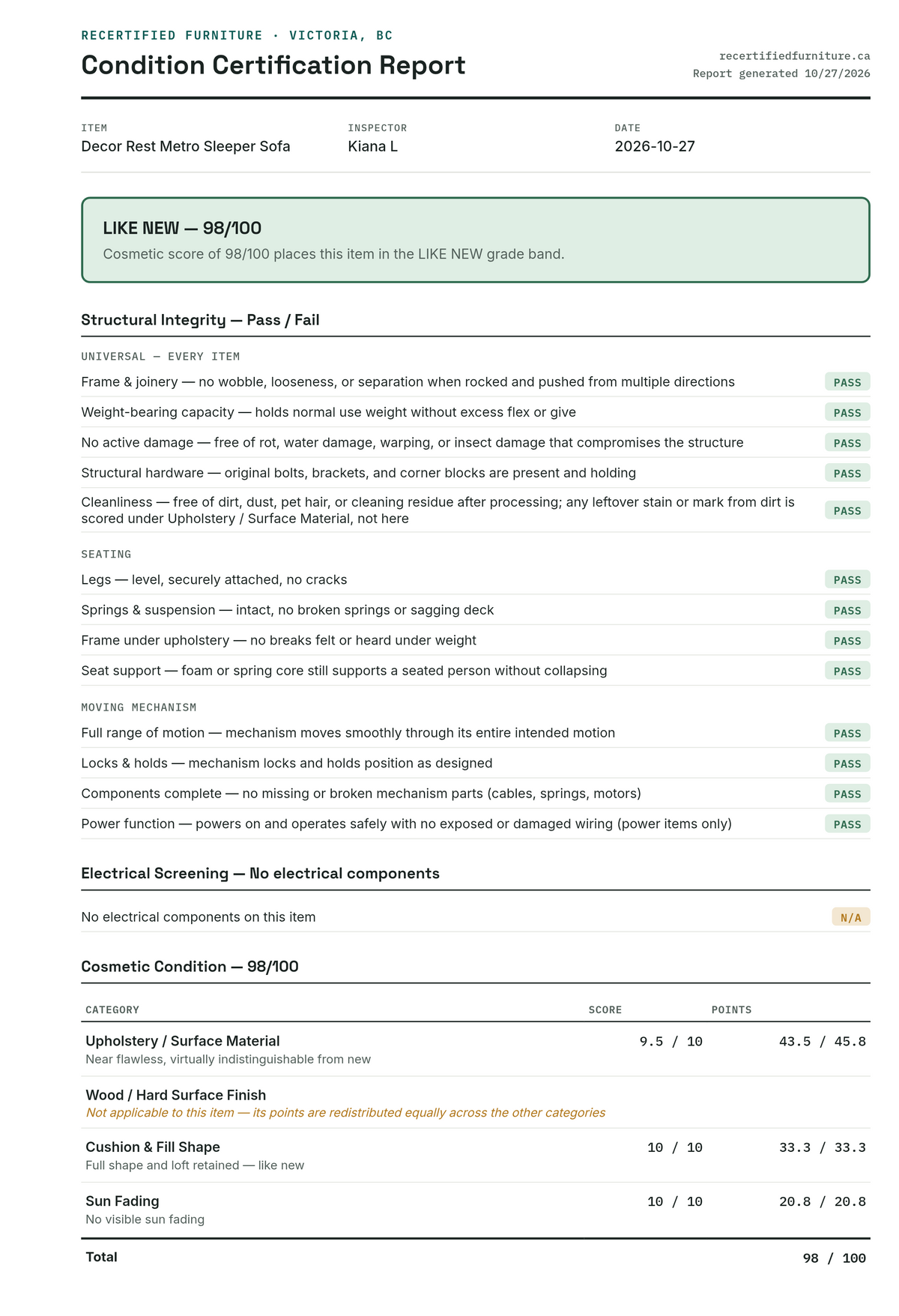 Condition certification report