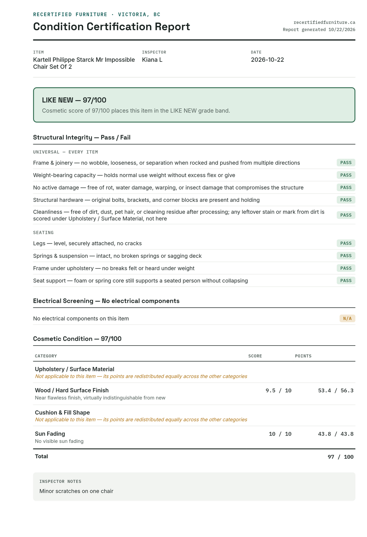 Condition certification report