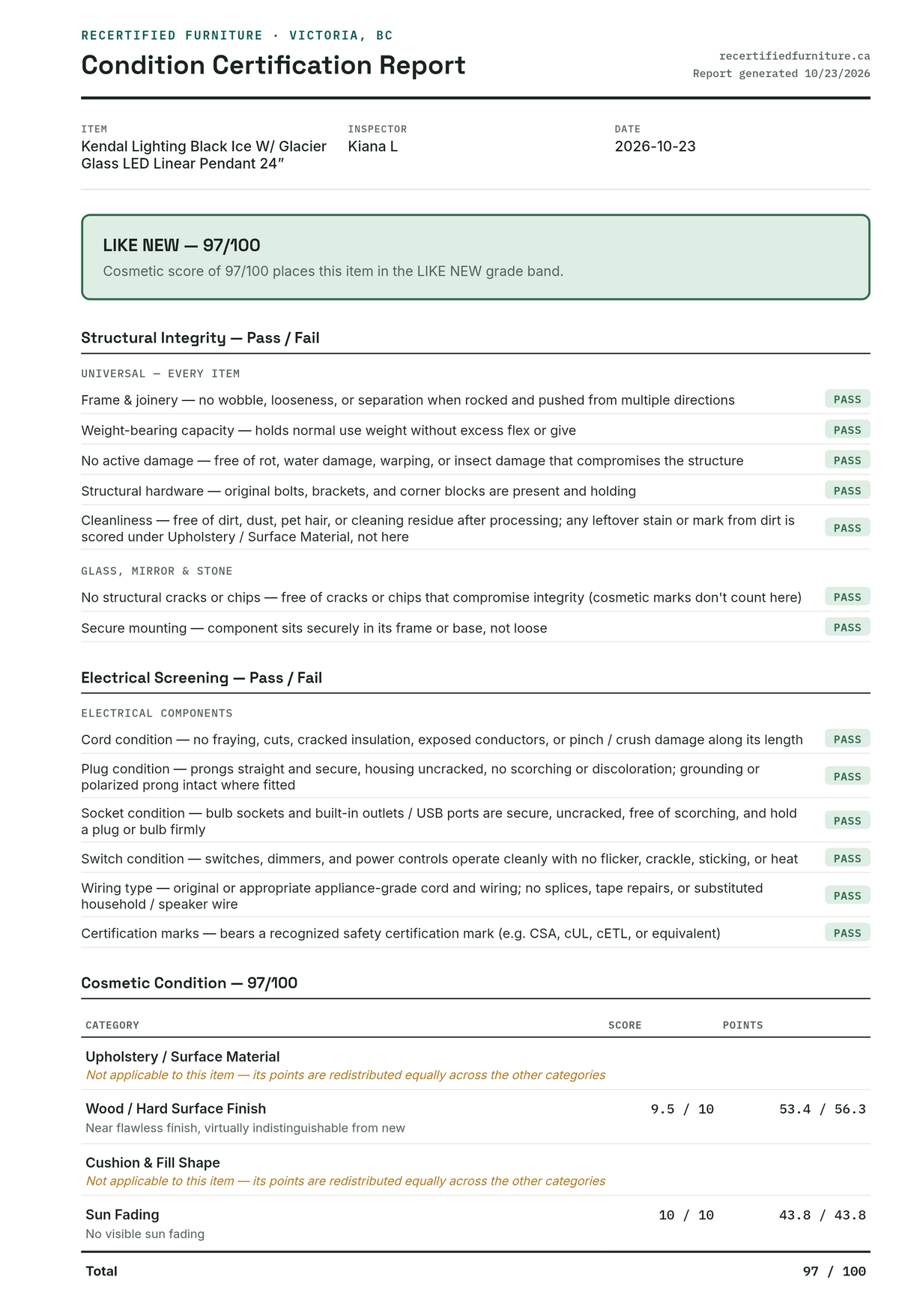 Condition certification report