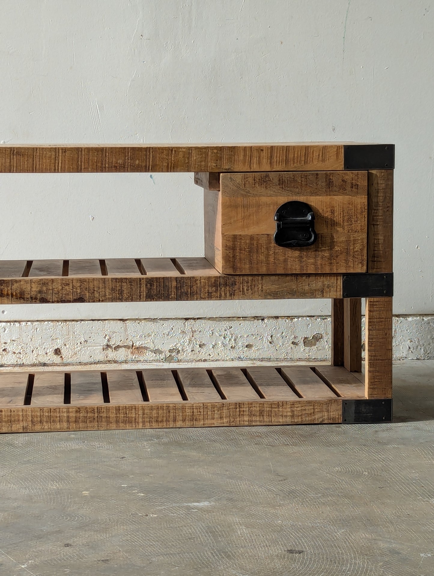 Industrial Mango Wood Sofa Table W Storage