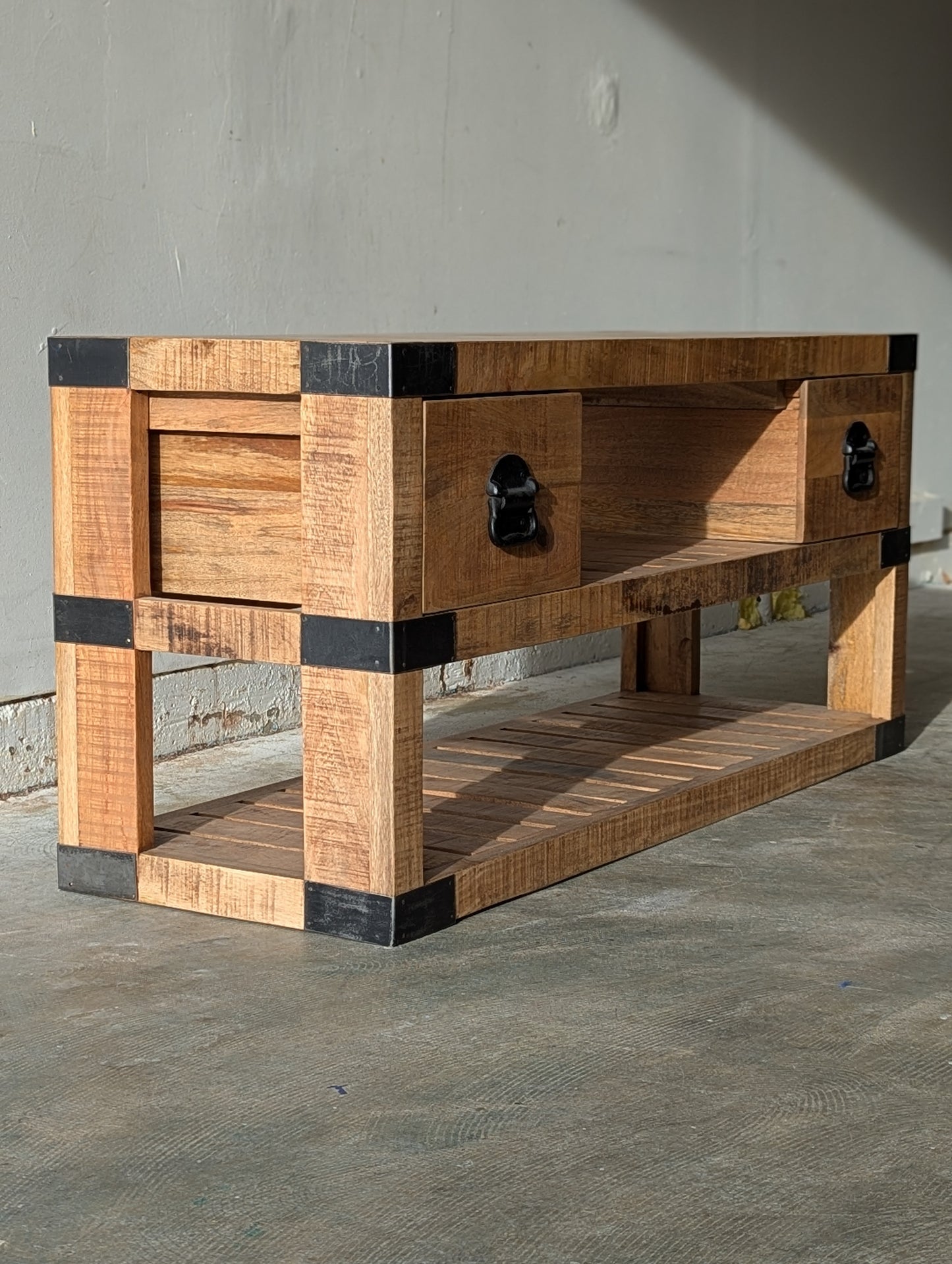 Industrial Mango Wood Sofa Table W Storage