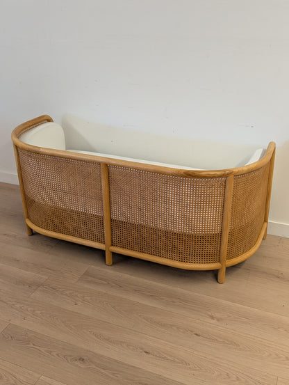 Crate & Barrel Fields Cane Settee with White Cushion by Leanne Ford