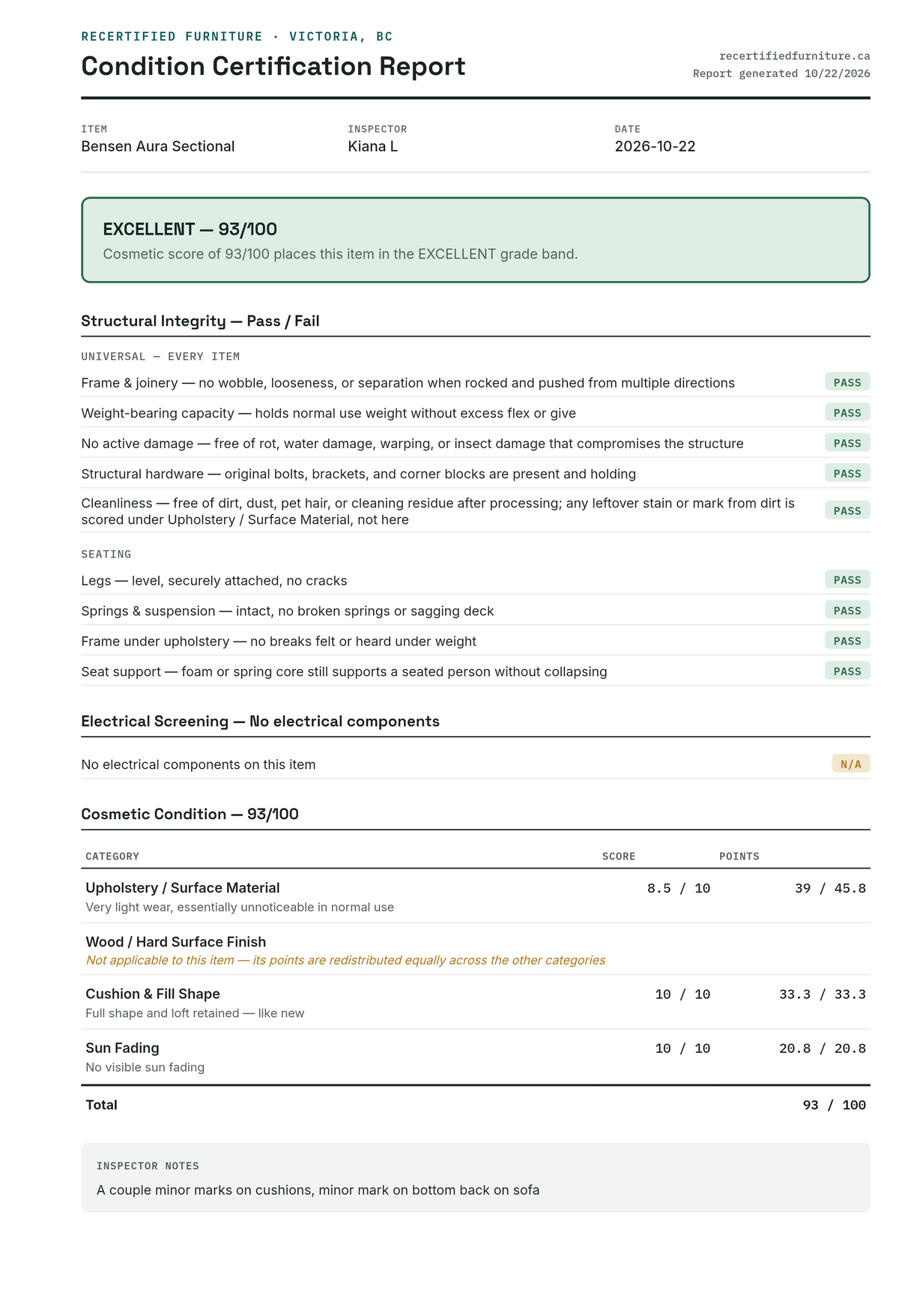 Condition certification report