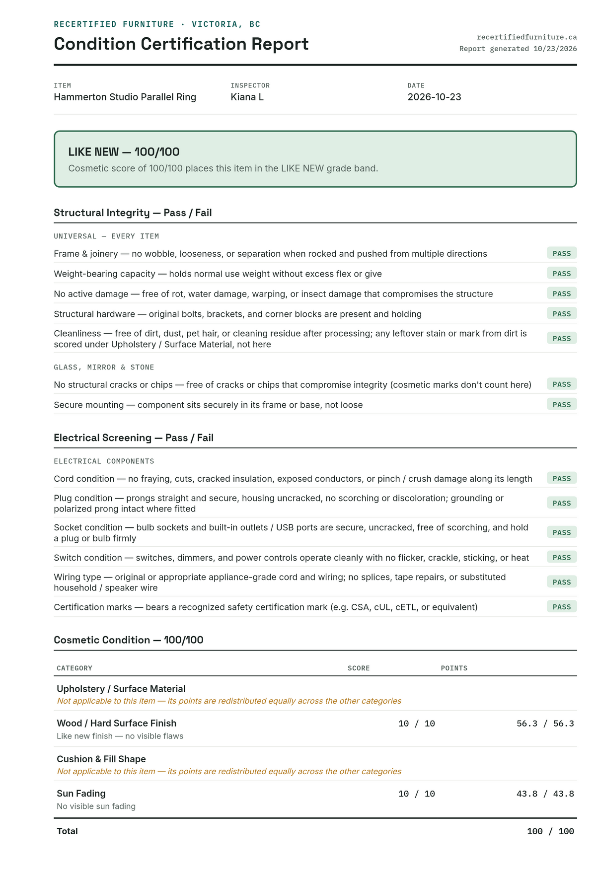 Condition certification report