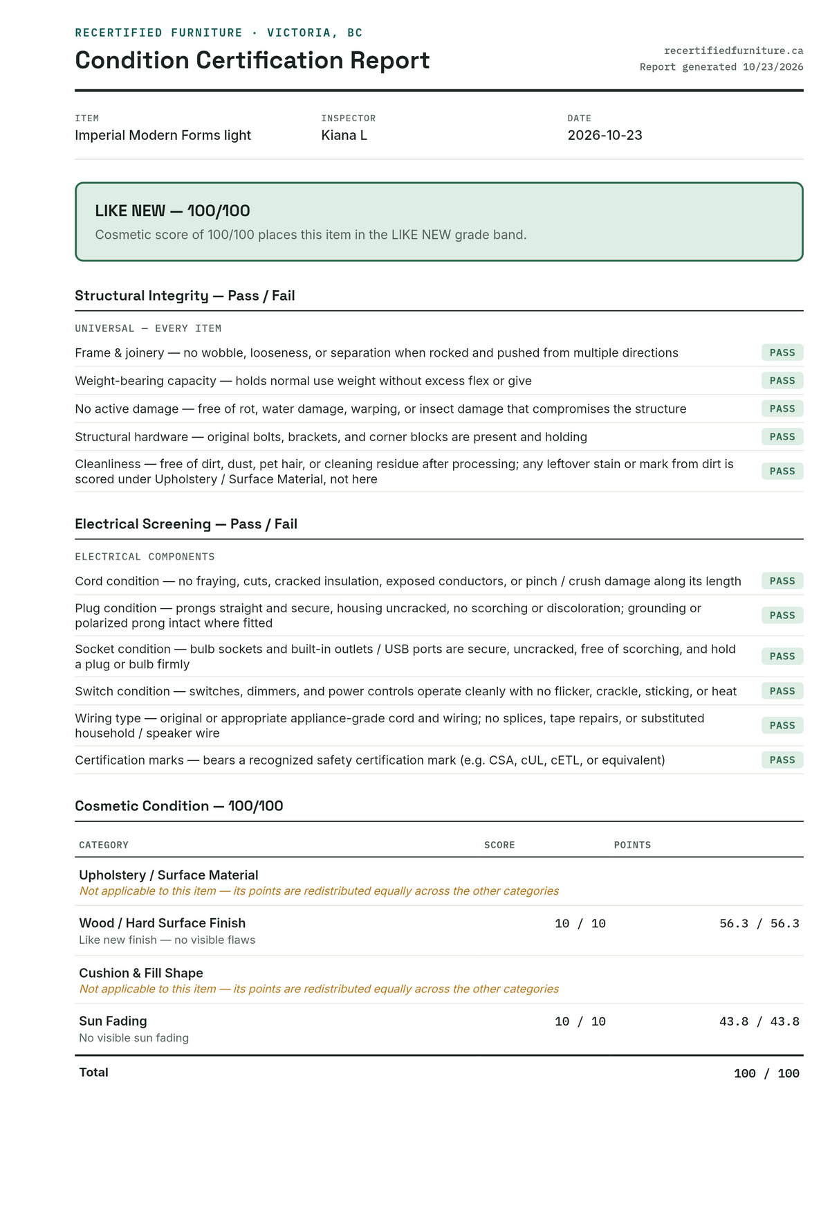 Condition certification report