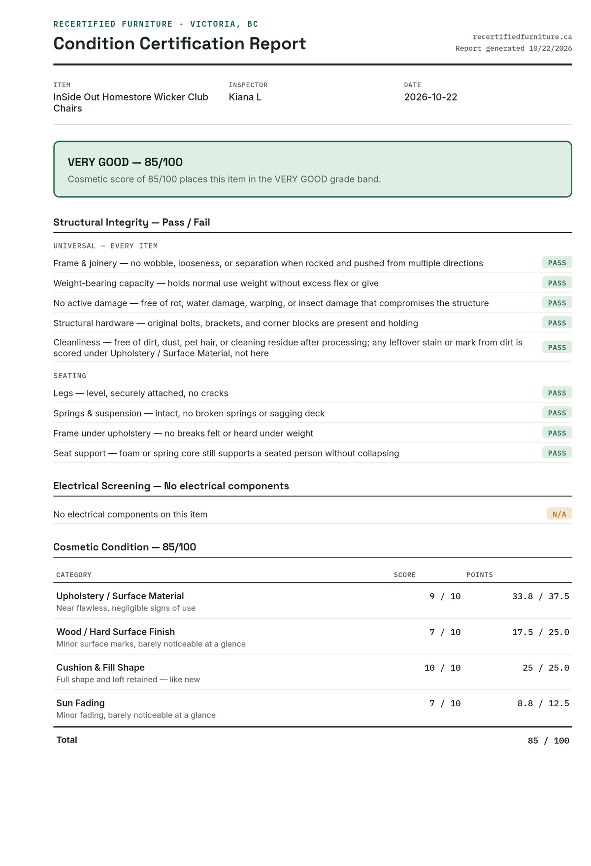 Condition certification report