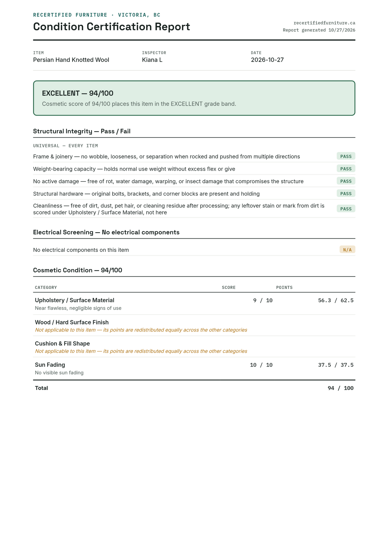 Condition certification report